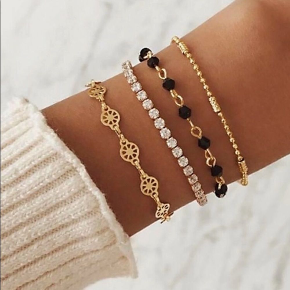 𝅺Gold & Black Stone Bracelet Set 4 Piece